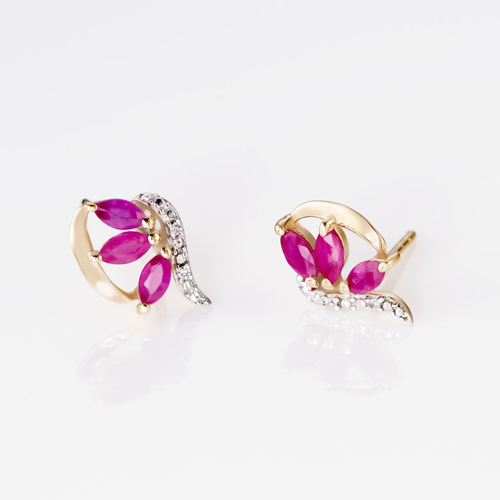 Boucles D'oreilles Puces Petale Or Bicolore Rubis Et Diamant - Clous d'oreilles Femme | Histoire d’Or