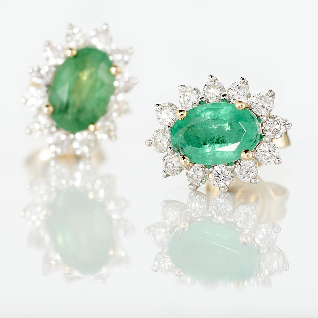 Boucles D'oreilles Puces Vladimir Or Jaune Diamant Et Emeraude - Clous d'oreilles Femme | Histoire d’Or