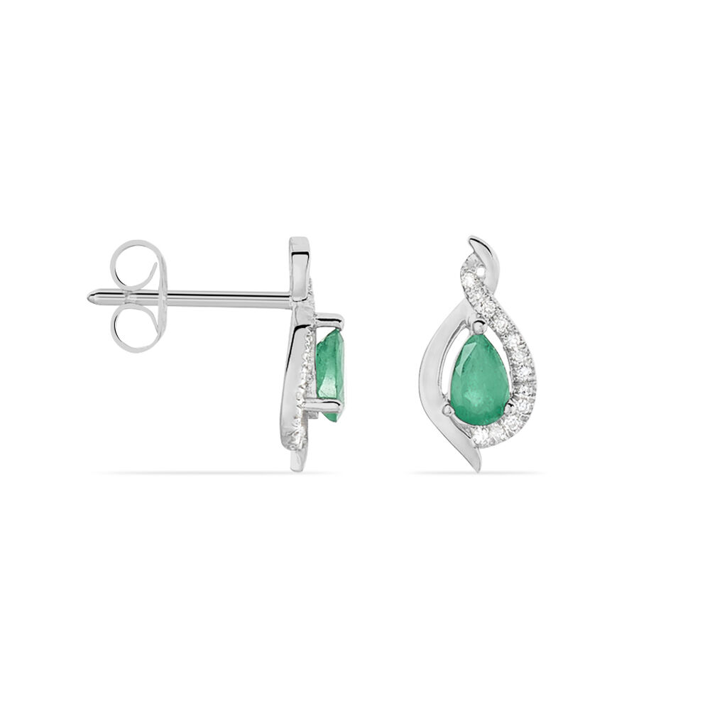Boucles D'oreilles Puces Angelika Or Blanc Emeraude Et Diamant - Clous d'oreilles Femme | Histoire d’Or