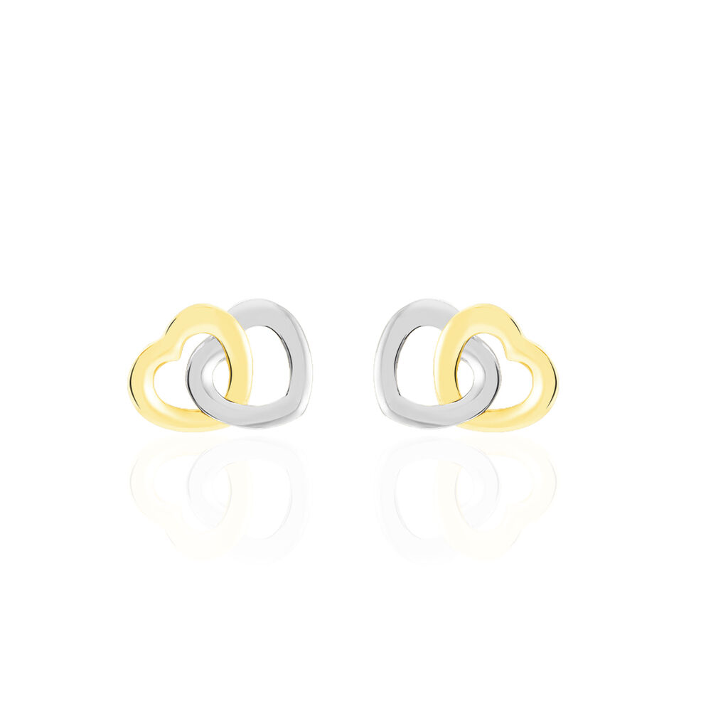 Boucles D'oreilles Puces Anne-maudae Double Coeurs Or Bicolore - Clous d'oreilles Femme | Histoire d’Or