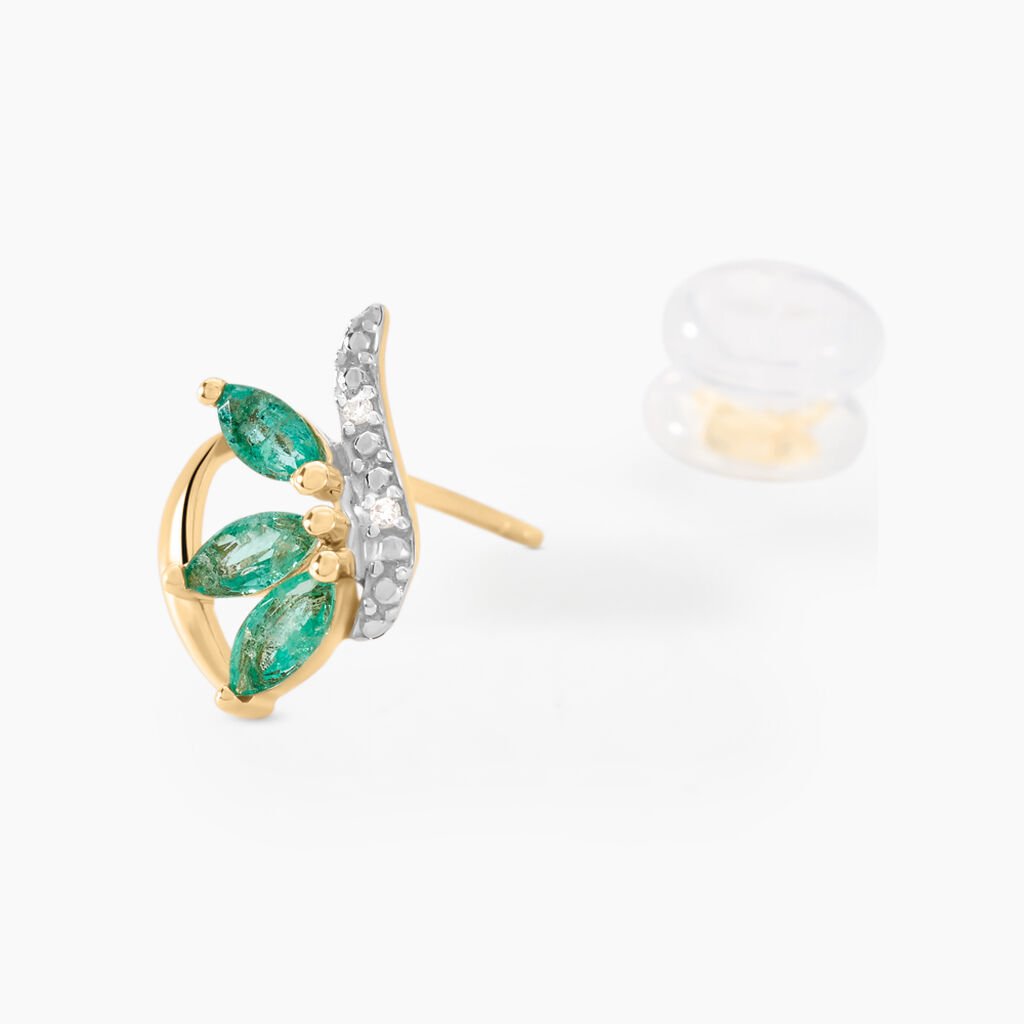 Boucles D'oreilles Puces Or Bicolore Petale Emeraude Diamant - Clous d'oreilles Femme | Histoire d’Or