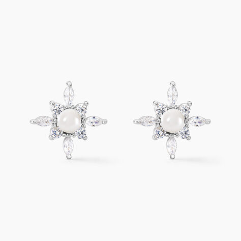 Boucles D'oreilles Puces Rhoda Argent Blanc Perle De Culture Oxyde - Boucles d'oreilles fantaisie Femme | Histoire d’Or
