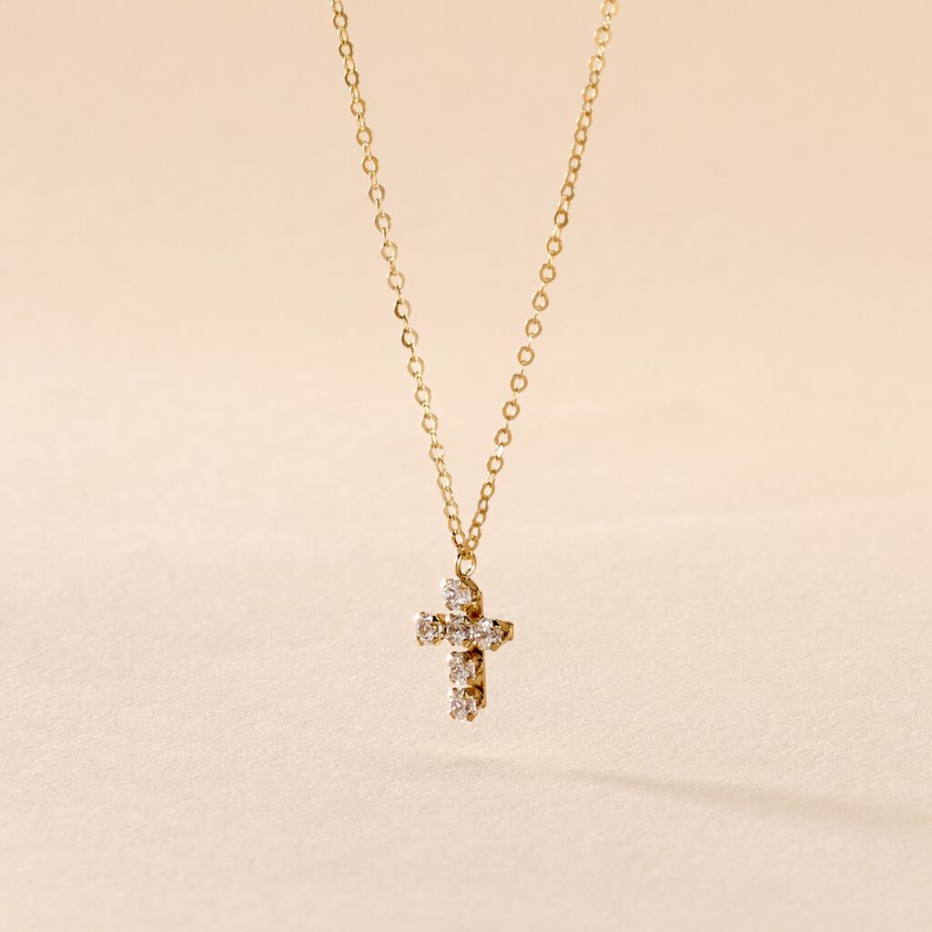 Collier Arene Croix Or Jaune Oxyde De Zirconium - Cadeaux de bapt&ecirc;me Famille | Histoire d&rsquo;Or