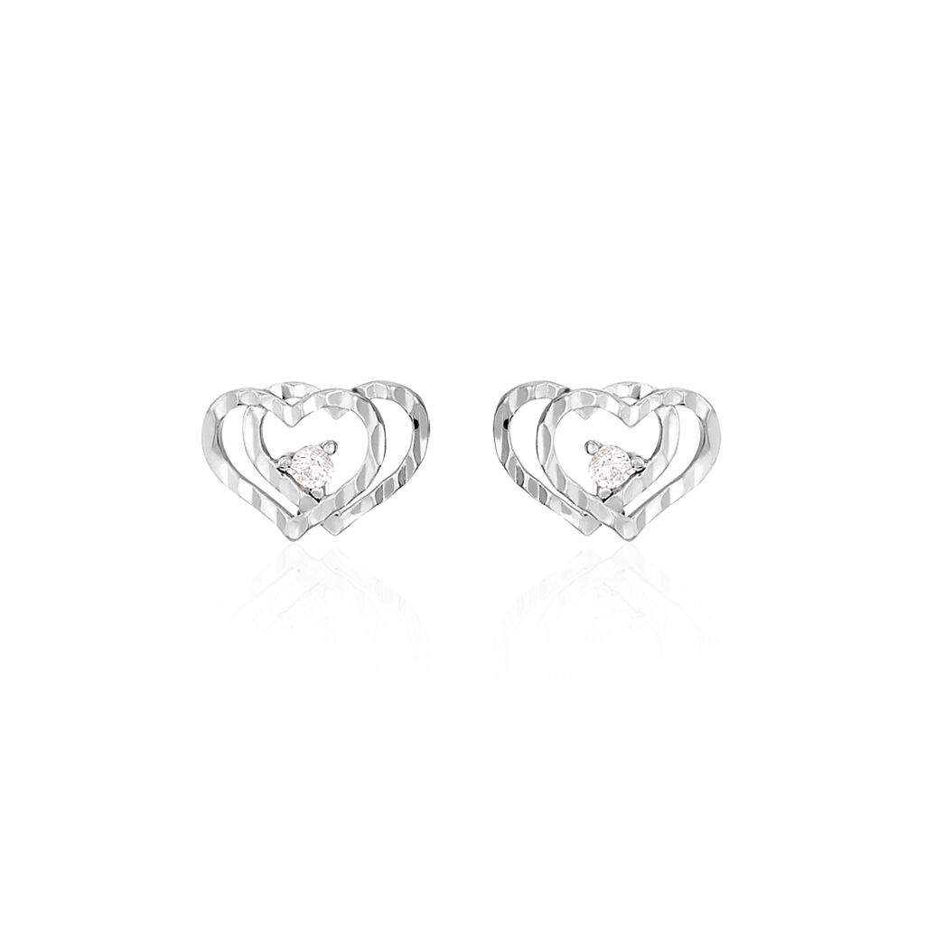 Boucles D'oreilles Puces Daria Double Coeurs Or Blanc Oxyde - Clous d'oreilles Femme | Histoire d’Or