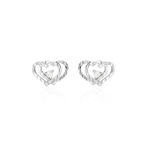 Boucles D'oreilles Puces Daria Double Coeurs Or Blanc Oxyde - Clous d'oreilles Femme | Histoire d’Or