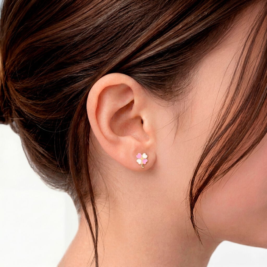Boucles D'oreilles Puces Trefle Email Or Jaune - Clous d'oreilles Enfant | Histoire d&rsquo;Or