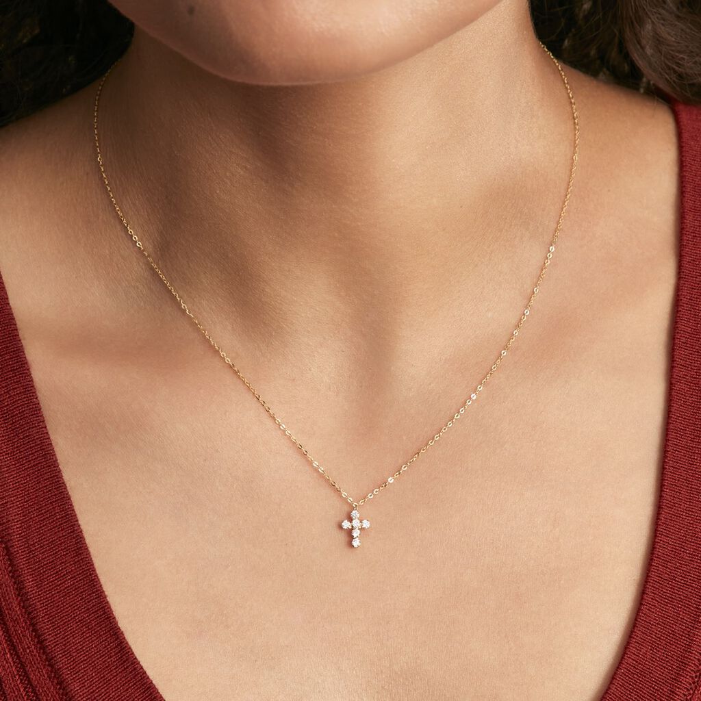 Collier Canice Croix Or Jaune Oxyde De Zirconium - Pendentifs Baptême Famille | Histoire d’Or