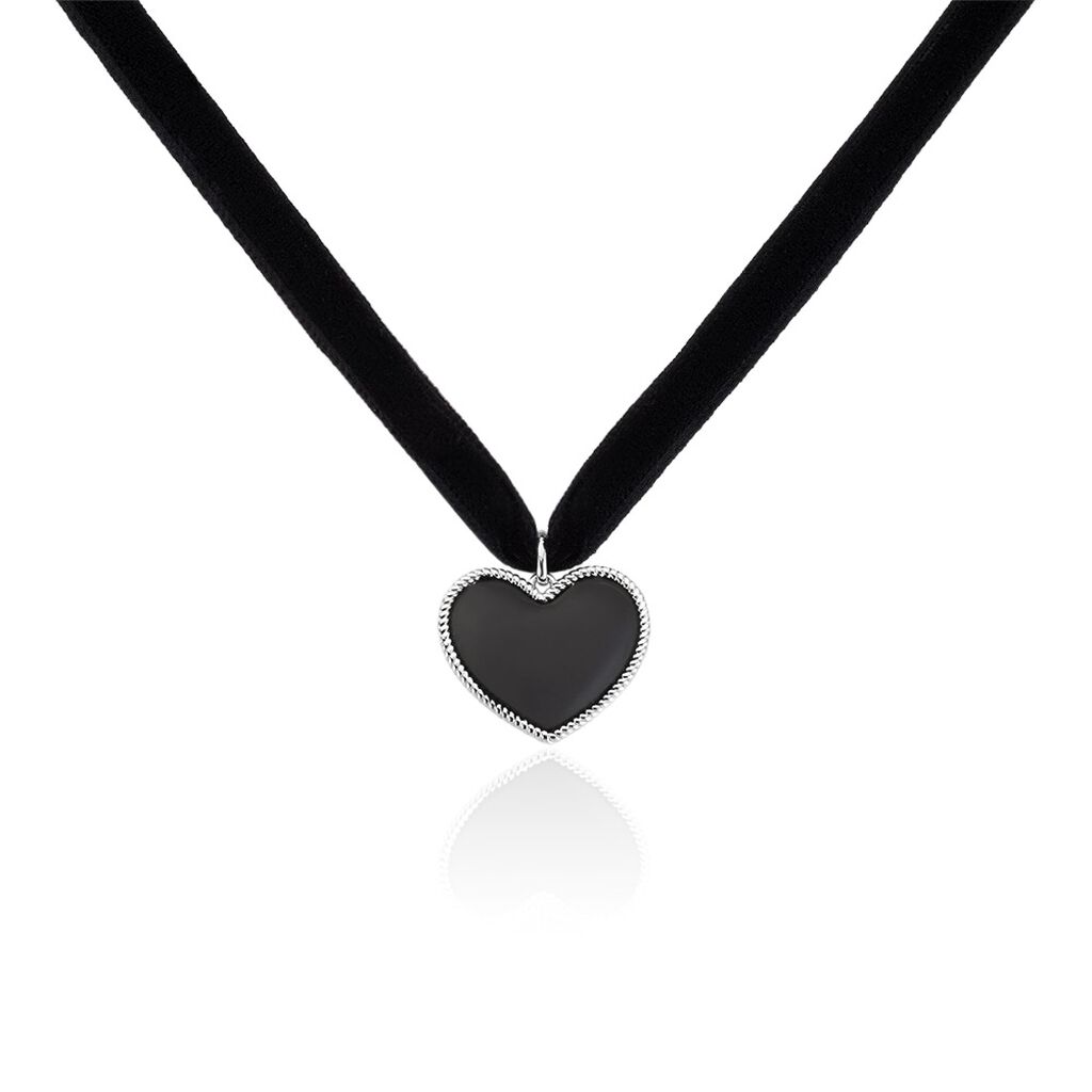 Collier Ras De Cou Argent Blanc Night Cœur Laque Noire