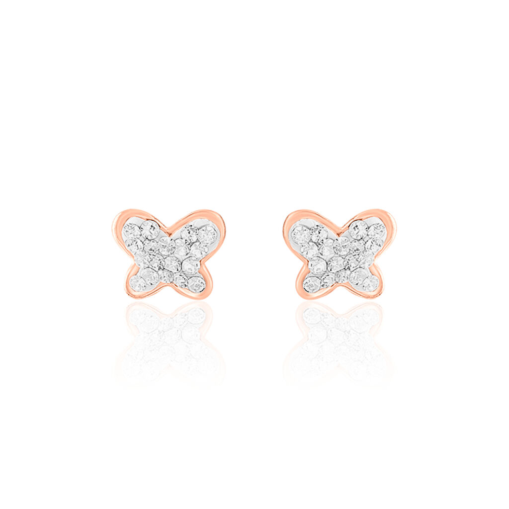 Boucles D'oreilles Puces Edme Papillon Or Rose Strass - Clous d'oreilles Femme | Histoire d&rsquo;Or