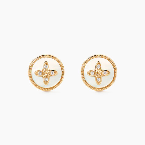 Boucles D'oreilles Puces Talisman Or Jaune Nacre Diamant - Clous d'oreilles Femme | Histoire d’Or