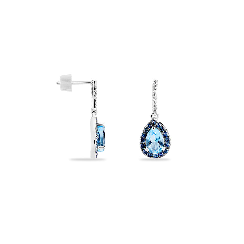 Boucles D'oreilles Puces Kenza Or Blanc Topaze Et Saphir Et Diamant - Boucles d'oreilles pendantes Femme | Histoire d’Or