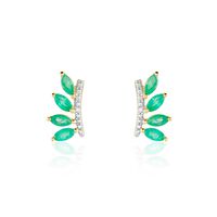 Boucles D'oreilles Puces Navette Or Jaune Emeraude Diamant