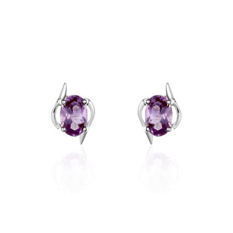 Boucles D'oreilles Puces Vrille Ovale Or Blanc Amethyste - Clous d'oreilles Femme | Histoire d’Or