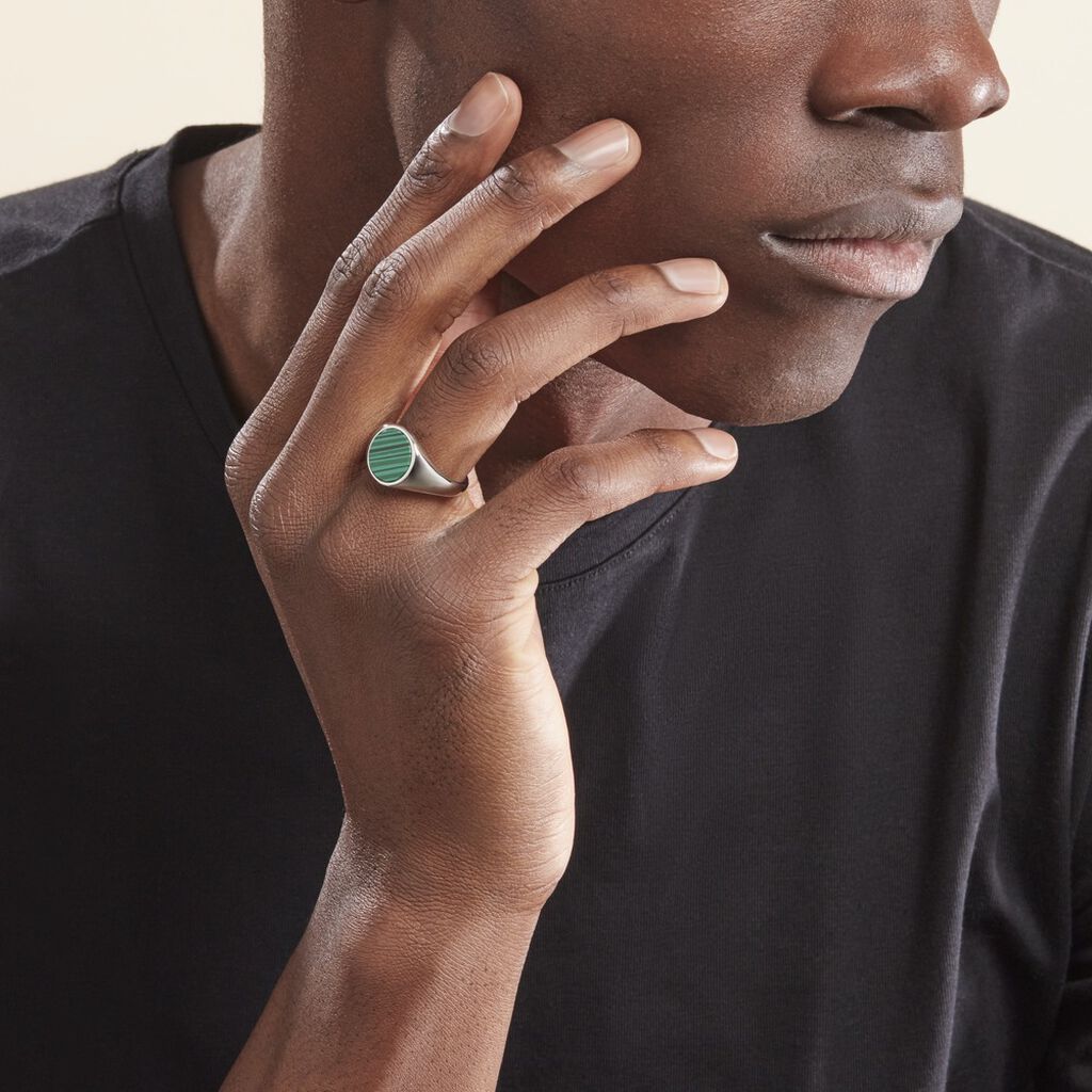 Chevalière Argent Blanc Aileas Malachite - Bagues solitaires Homme | Histoire d’Or