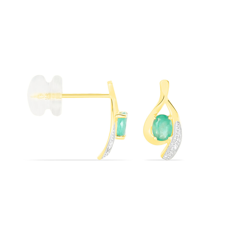 Boucles D'oreilles Puces Sagesse Or Jaune Emeraude Et Diamant - Clous d'oreilles Femme | Histoire d’Or