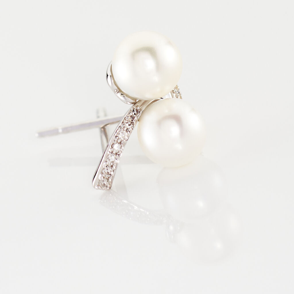 Boucles D'oreilles Puces Angel Or Blanc Perle De Culture Et Diamant - Clous d'oreilles Femme | Histoire d&rsquo;Or