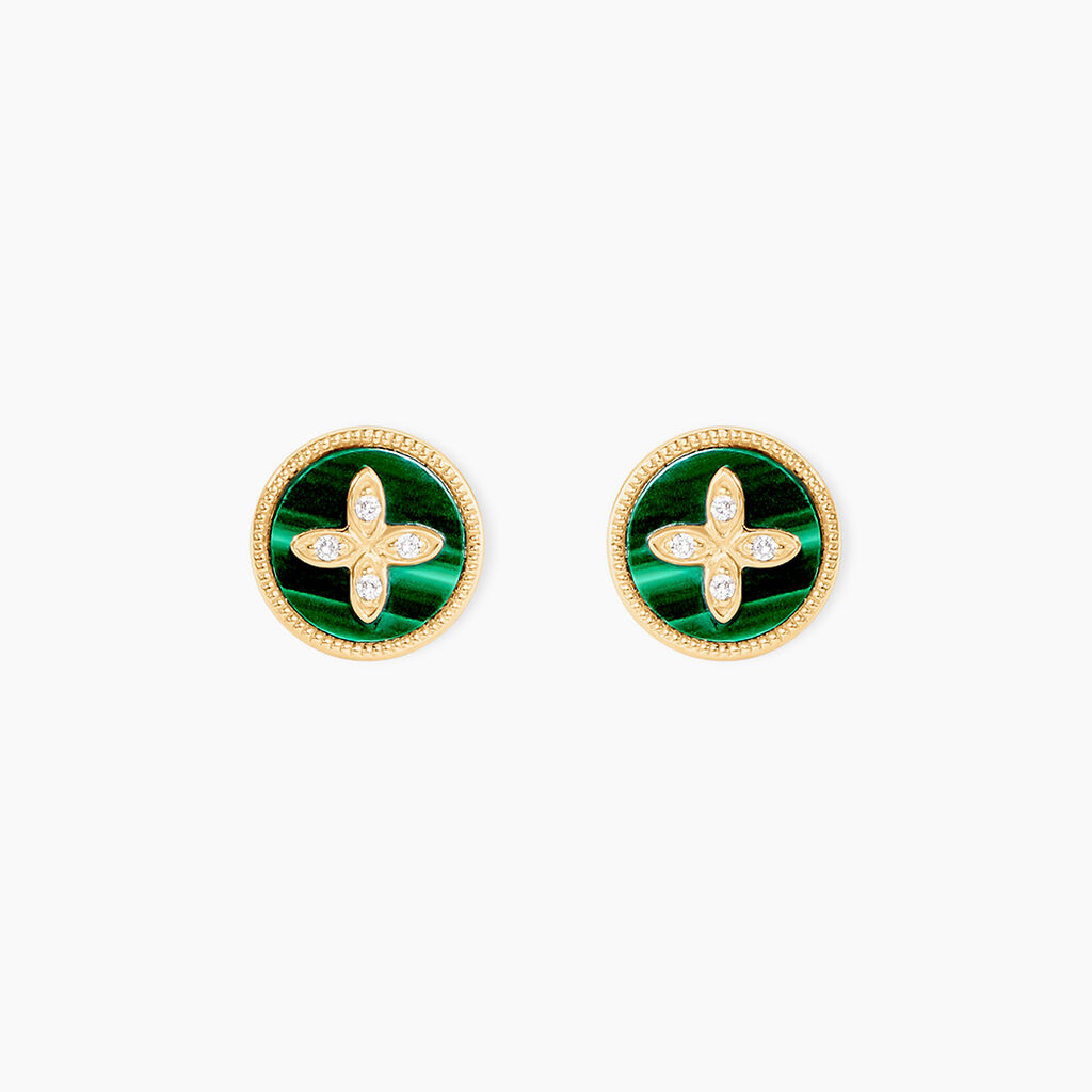 Boucles D'Oreilles Puces Talisman Or Jaune Malachite Diamant - Clous d'oreilles Femme | Histoire d’Or