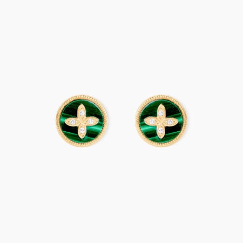 Boucles D'Oreilles Puces Talisman Or Jaune Malachite Diamant -  Femme | Histoire d’Or