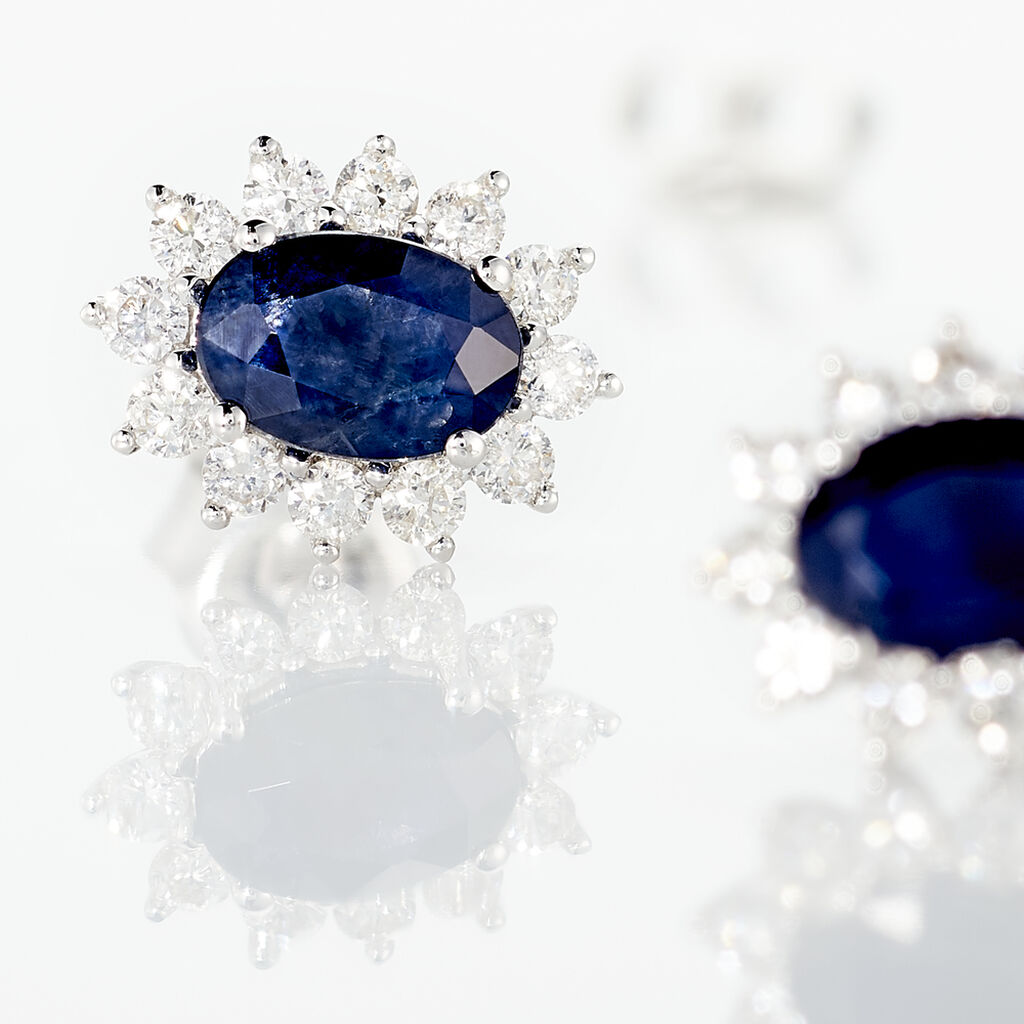 Boucles D'oreilles Or Blanc Saphir Diamants - Clous d'oreilles Femme | Histoire d’Or