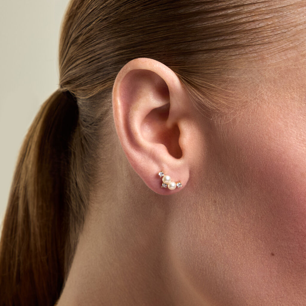 Boucles D'Oreilles Puces Katri Argent Dor&eacute; A L'Or 750/1000 Perle De Culture Oxyde De Zirconium - Clous d'oreilles Femme | Histoire d&rsquo;Or