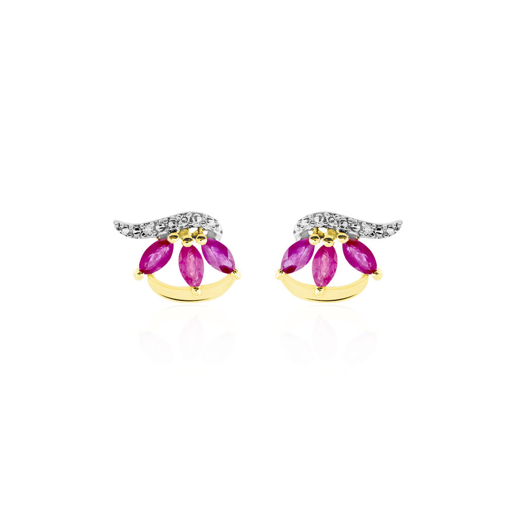 Boucles D'oreilles Puces Petale Or Bicolore Rubis Et Diamant - Clous d'oreilles Femme | Histoire d’Or