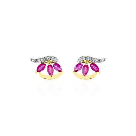 Boucles D'oreilles Puces Petale Or Bicolore Rubis Et Diamant - Clous d'oreilles Femme | Histoire d’Or