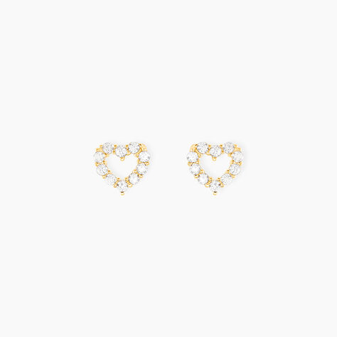 Boucles D'oreilles Puces Coeur Ajoure Or Jaune Oxyde De Zirconium - Clous d'oreilles Femme | Histoire d’Or