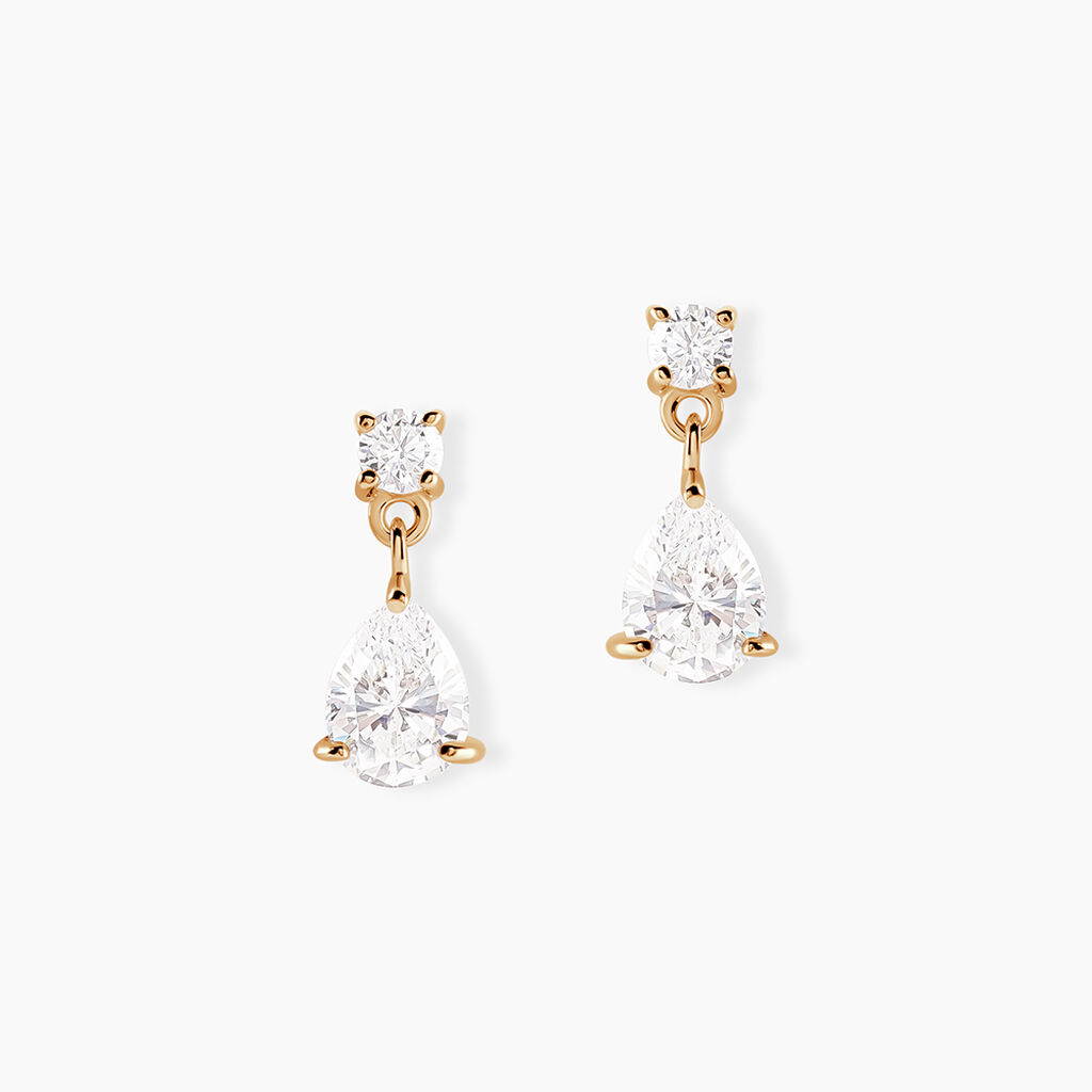 Boucles D'oreilles Pendantes – Plaqué Or 18k, Perle Synthétique Et Zirconium – Fermoir Dormeuse – Neuf Avec étiquettes