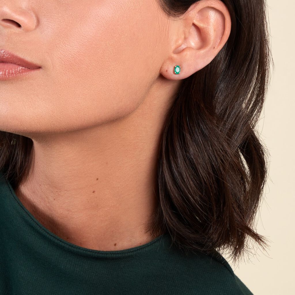 Boucles D'oreilles Puces Ovale Or Blanc Emeraude - Clous d'oreilles Femme | Histoire d’Or