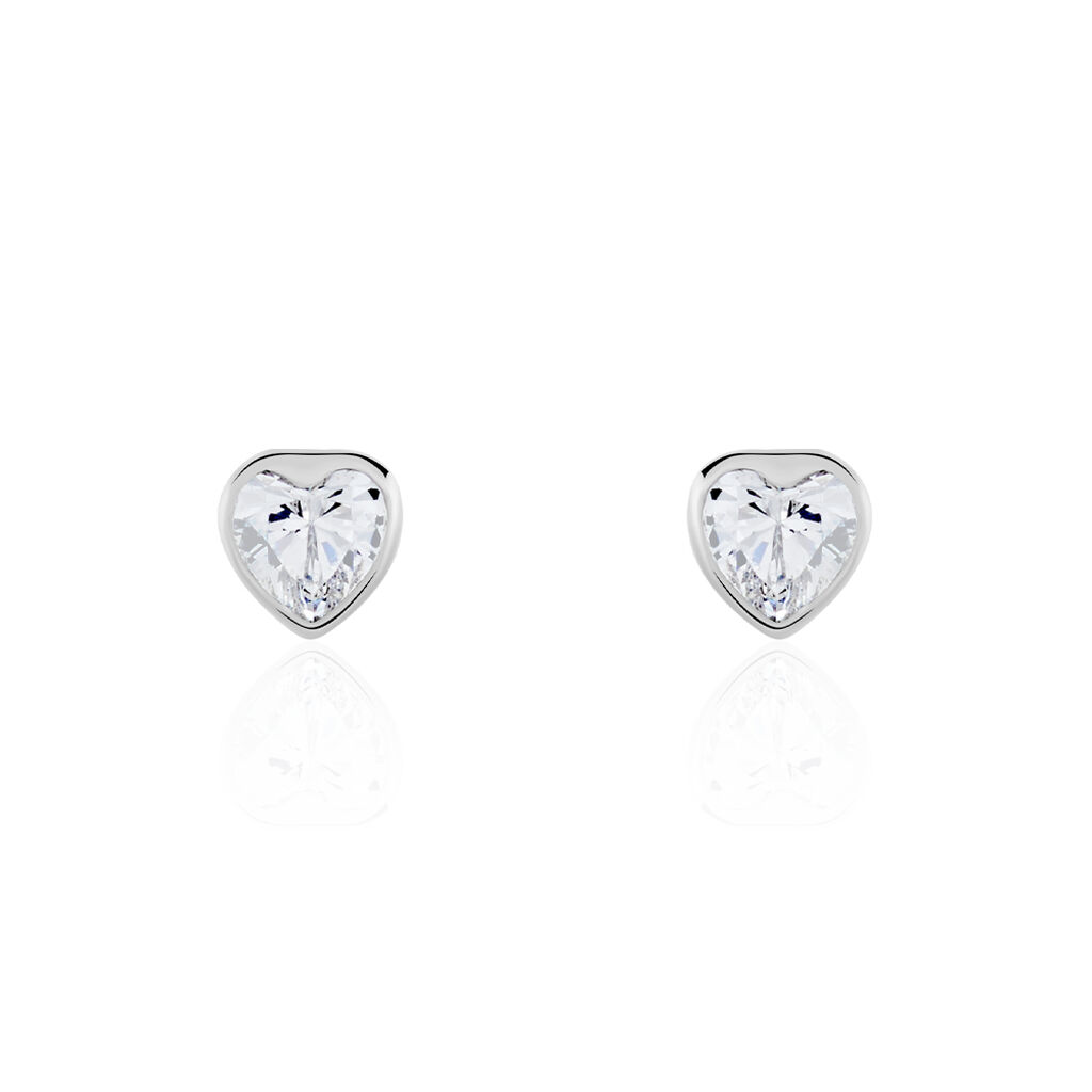 Boucles D'oreilles Puces Coeur Serti Clos Or Blanc Oxyde De Zirconium - Clous d'oreilles Femme | Histoire d’Or