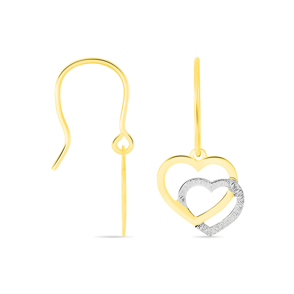 Boucles D'oreilles Pendantes Double Coeur Satines Or Bicolore - Boucles d'Oreilles Coeur Femme | Histoire d’Or