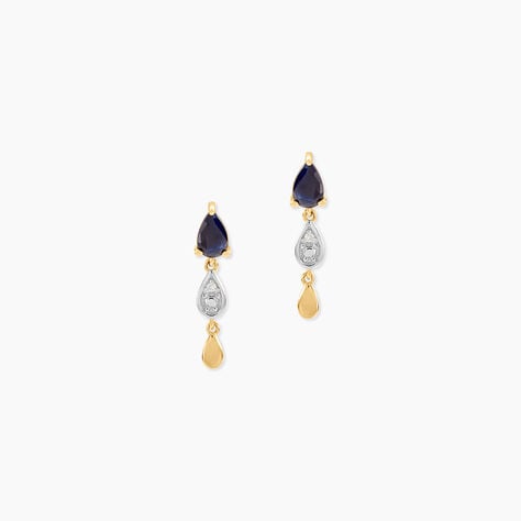 Boucles D'Oreilles Pendantes Or Jaune 375/1000 Goutte Saphir Bleu Serti 3 Griffes Accompagne Diamant - Boucles d'oreilles pendantes Femme | Histoire d&rsquo;Or