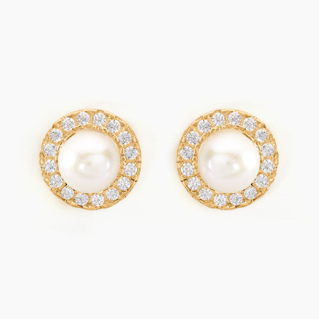 Boucles D'oreilles Puces Grizel Or Jaune Perle De Culture Et Oxyde - Clous d'oreilles Femme | Histoire d’Or