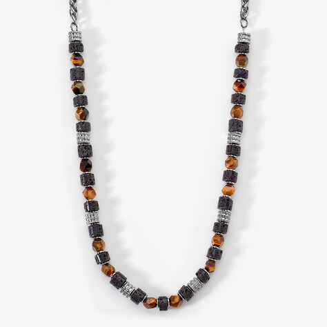 Collier Jourdan Bengale Acier Argenté Oeil De Tigre Pierre De Lave - Nouveautés bijoux Homme | Histoire d’Or
