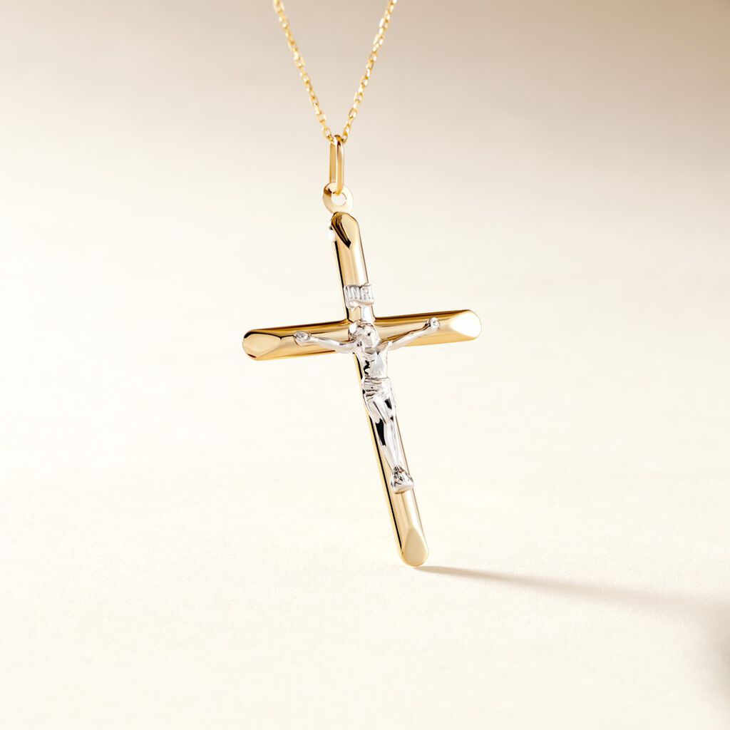 Pendentif Damian Croix Or Bicolore - Pendentifs Bapt&ecirc;me Famille | Histoire d&rsquo;Or