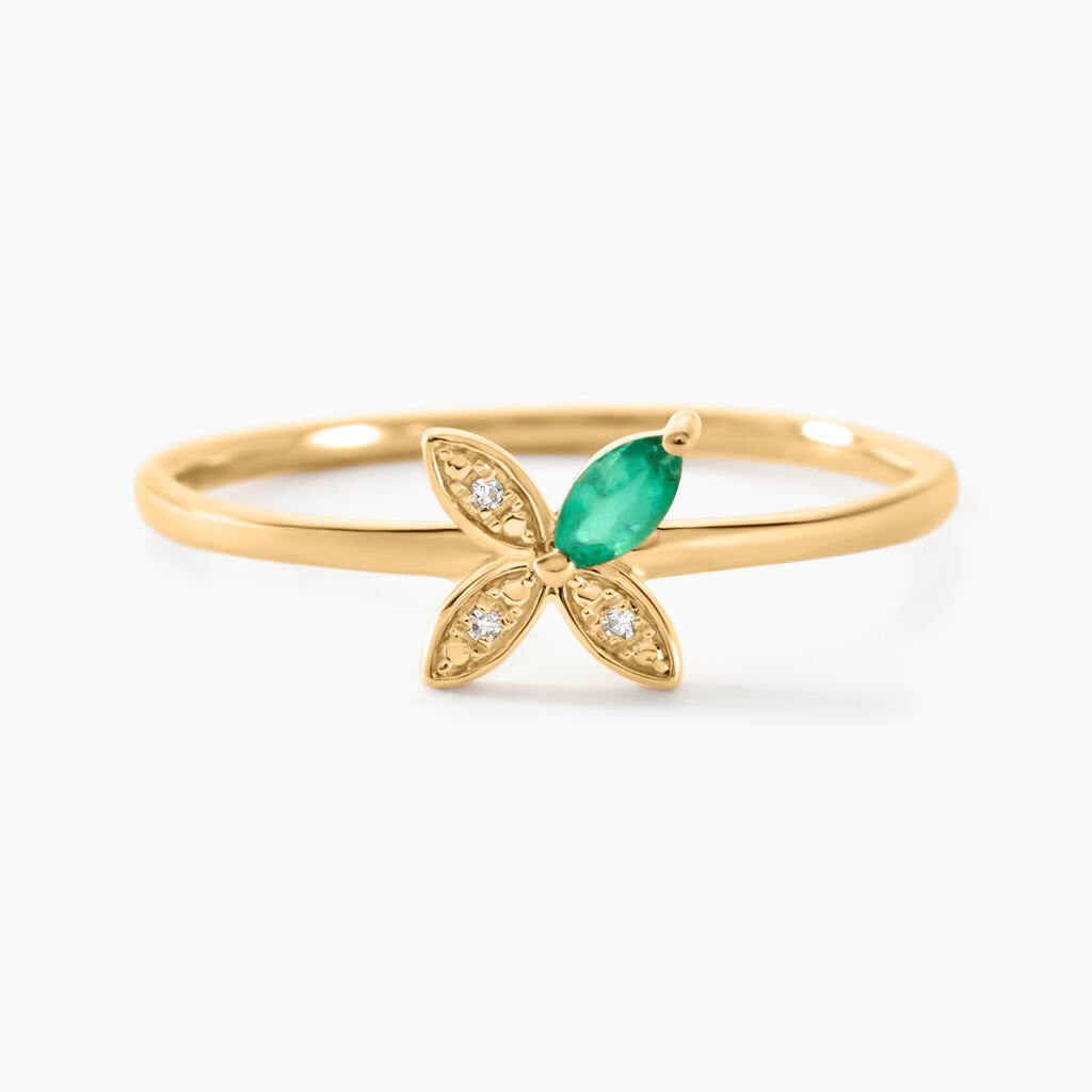 Bague Flower Power Or Jaune Emeraude Diamant - Bagues solitaires Femme | Histoire d&rsquo;Or