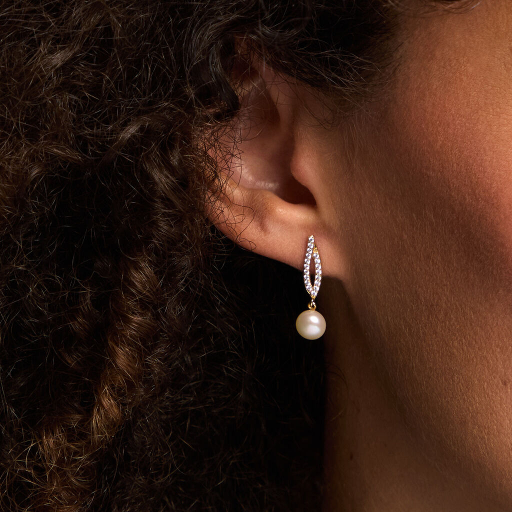 Boucles D'Oreilles Pendantes Tesnimae Argent Dor&eacute; A L'Or 750/1000 Perle De Culture Oxyde De Zirconium - Boucles d'oreilles pendantes Femme | Histoire d&rsquo;Or