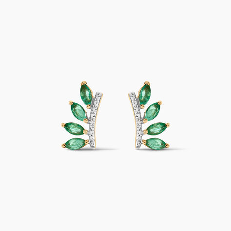 Boucles D'oreilles Puces Navette Or Jaune Emeraude Diamant - Clous d'oreilles Femme | Histoire d&rsquo;Or