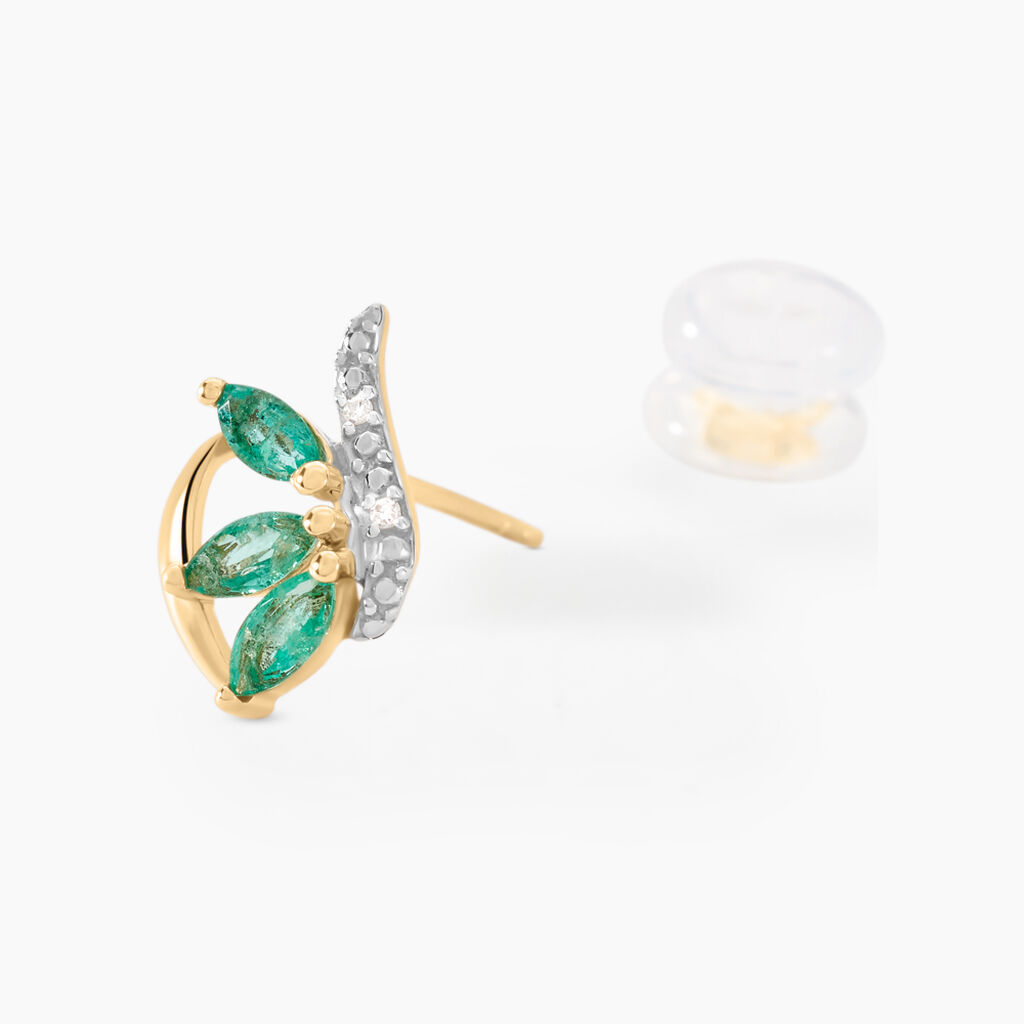Boucles D'oreilles Puces Or Bicolore Caetlin Emeraude Diamant - Clous d'oreilles Femme | Histoire d’Or