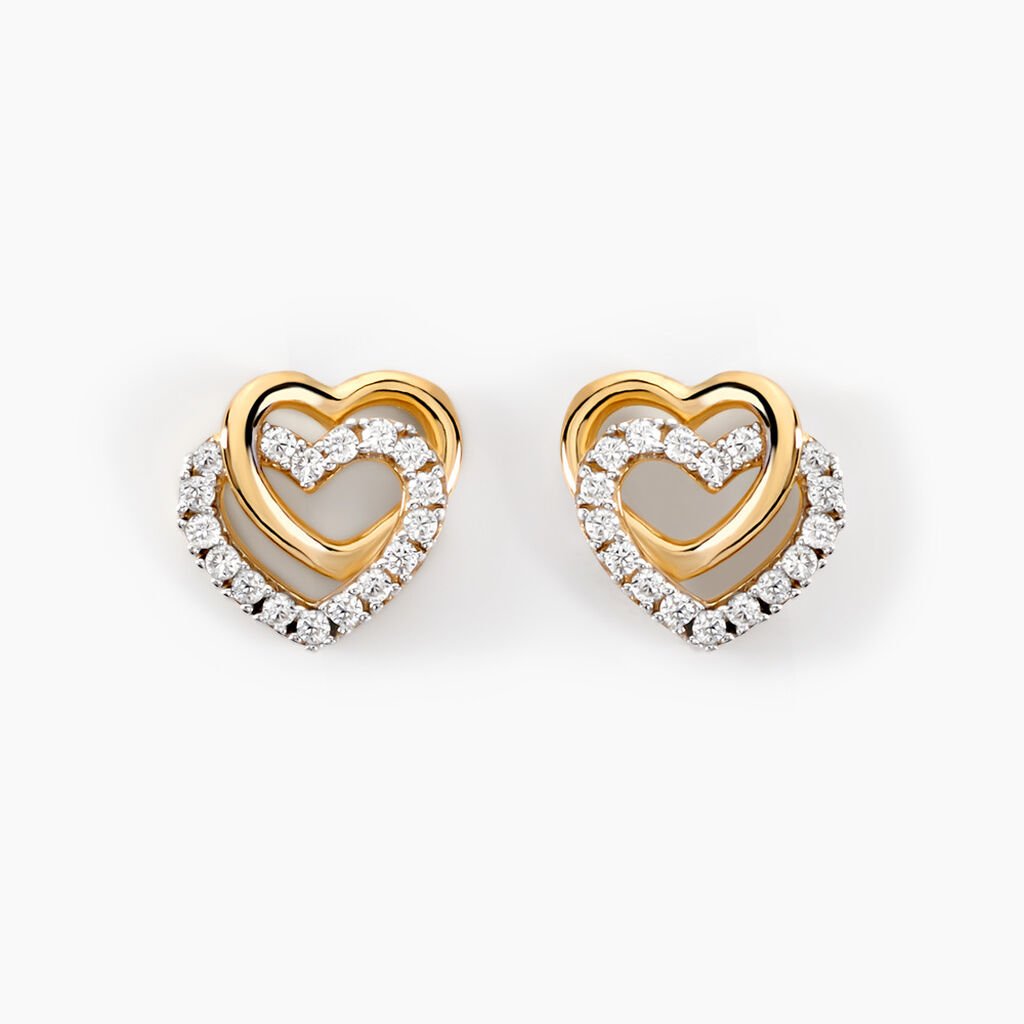 HERZ Damen Ohrstecker Gold 375 (9 Karat) Zirkonia Weiß Doppelherz - Clous d'oreilles Femme | Histoire d’Or