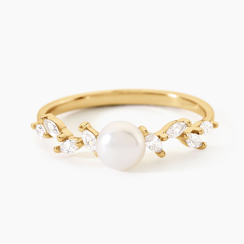 Bague Nacree Argent Dor&eacute; A L'Or 750/1000 Perle De Culture Oxyde De Zirconium - Bagues solitaires Femme | Histoire d&rsquo;Or