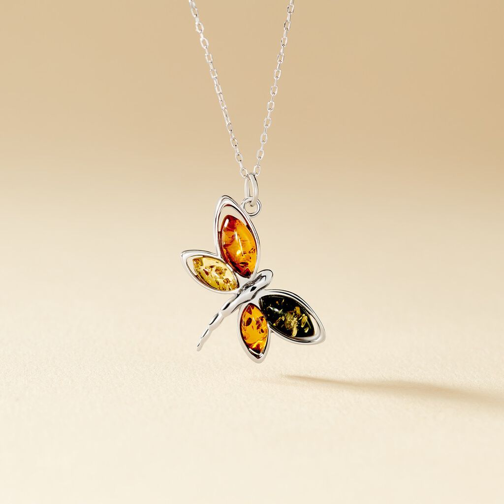 Collier Libellule Argent Blanc Ambre - Colliers fantaisie Femme | Histoire d’Or