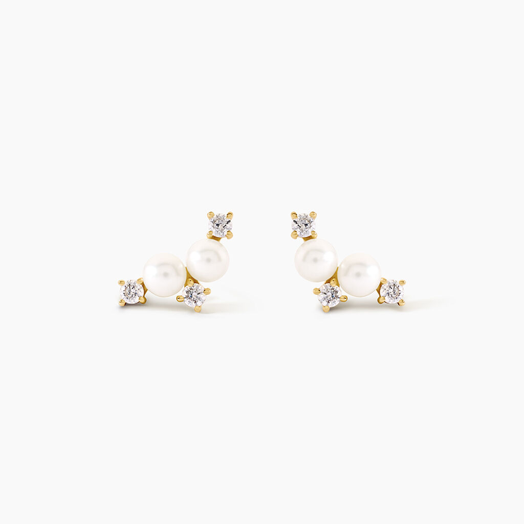 Boucles D'Oreilles Puces Katri Argent Dor&eacute; A L'Or 750/1000 Perle De Culture Oxyde De Zirconium - Clous d'oreilles Femme | Histoire d&rsquo;Or