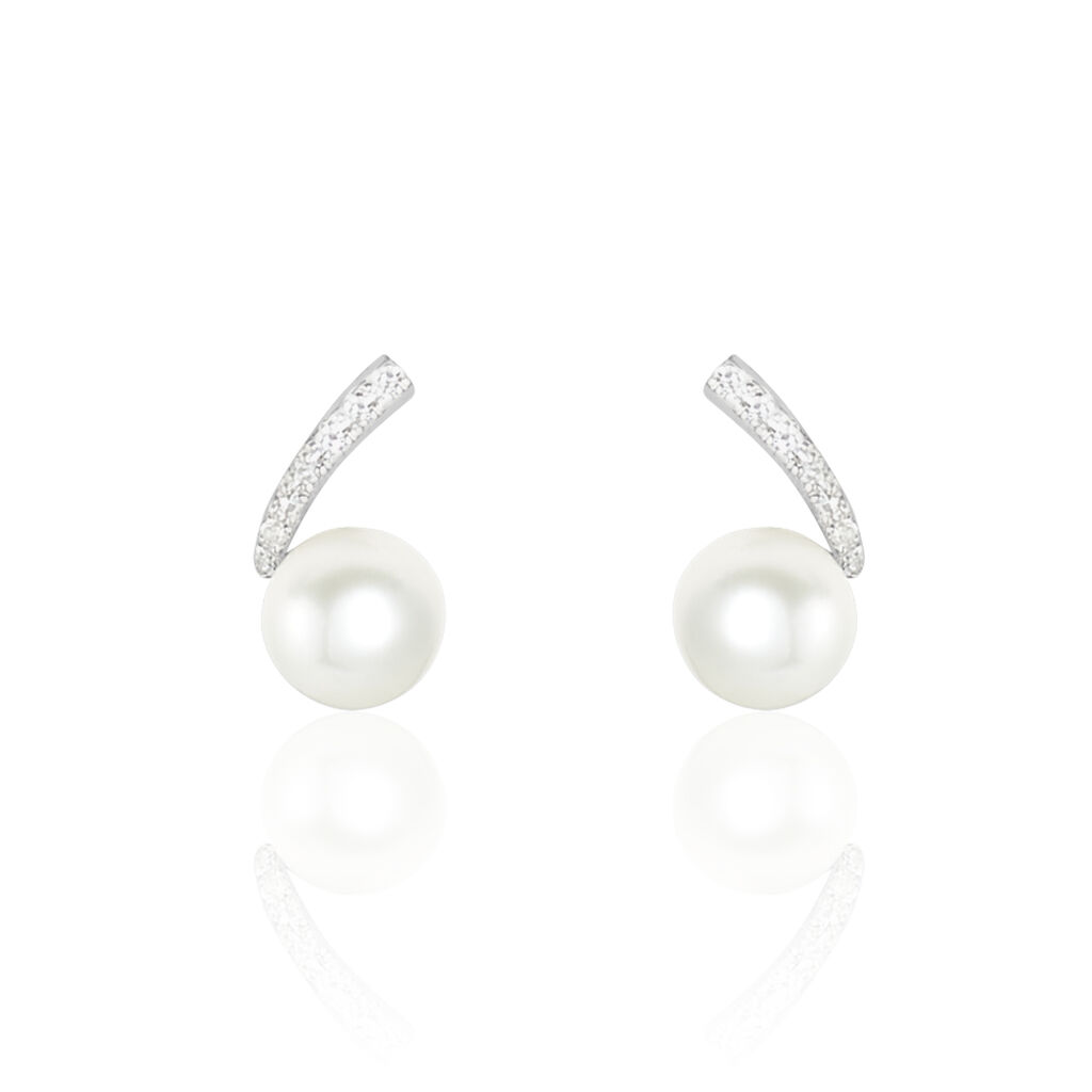 Boucles D'oreilles Puces Angel Or Blanc Perle De Culture Et Diamant - Clous d'oreilles Femme | Histoire d’Or