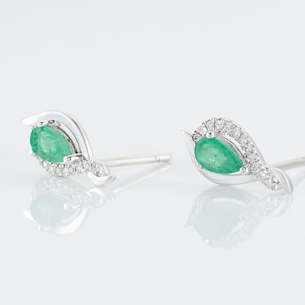 Boucles D'oreilles Puces Angelika Or Blanc Emeraude Et Diamant - Clous d'oreilles Femme | Histoire d’Or