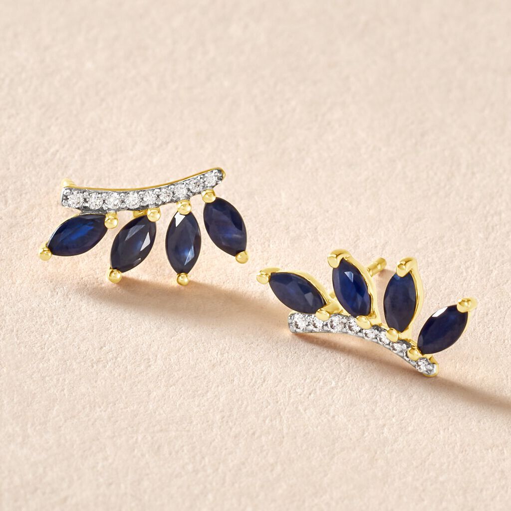 Boucles D'oreilles Puces Navette Or Jaune Saphir Diamant - Clous d'oreilles Femme | Histoire d’Or