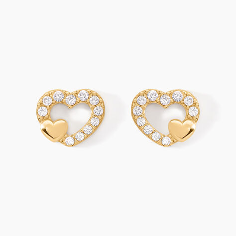 Boucles D'oreilles Puces Daria Double Coeurs Or Jaune Oxyde - Clous d'oreilles Femme | Histoire d&rsquo;Or