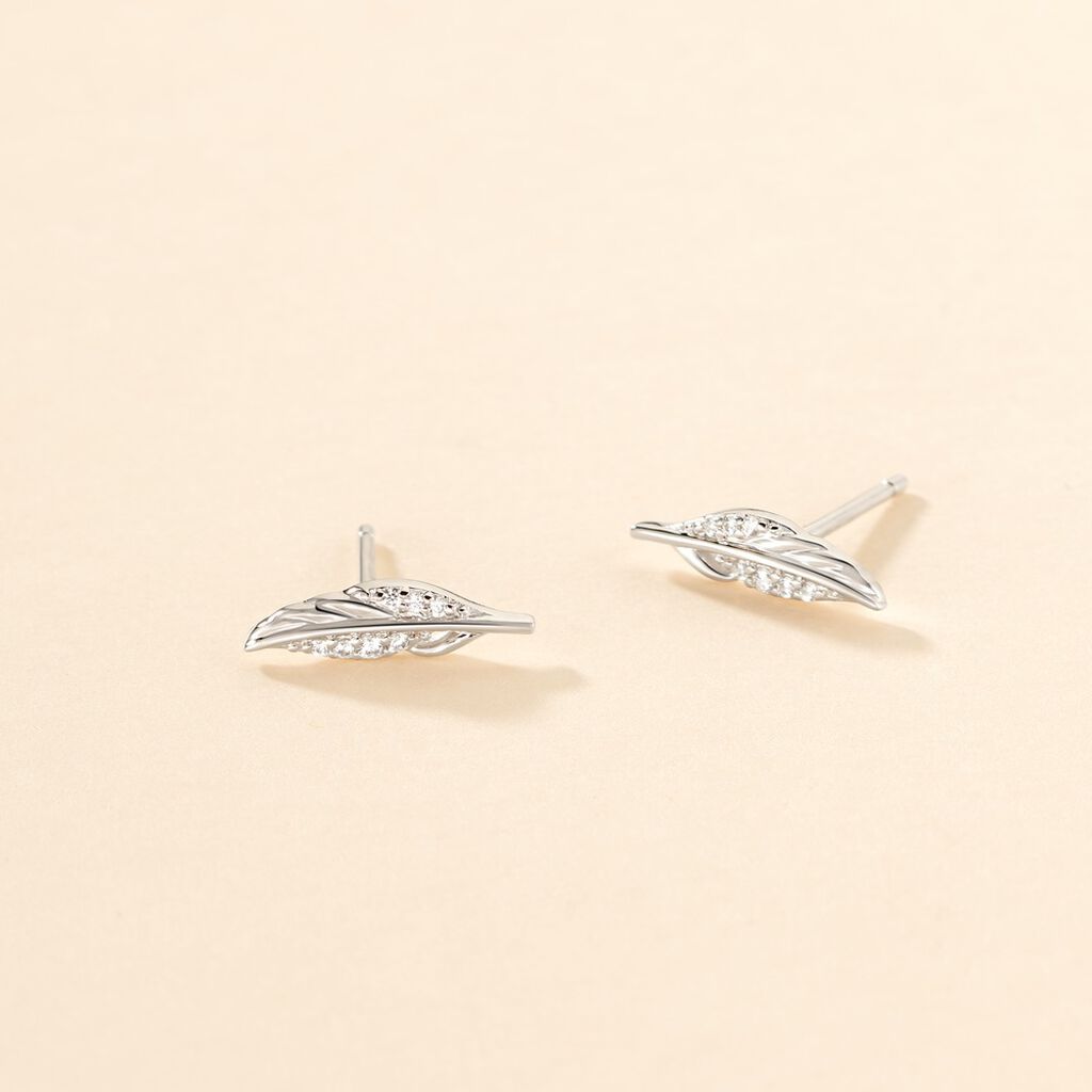 Boucles D'oreilles Puces Feath Argent Blanc Oxyde De Zirconium - Boucles d'oreilles fantaisie Femme | Histoire d’Or