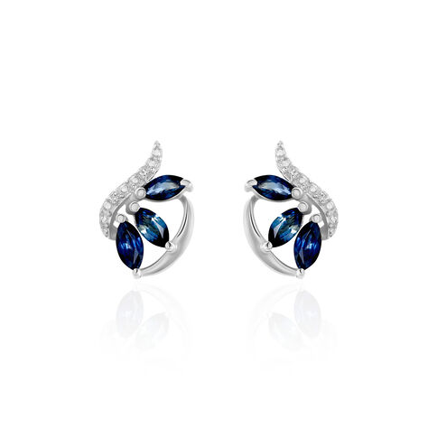 Boucles D'oreilles Puces Petale Or Blanc Saphir Et Diamant - Clous d'oreilles Femme | Histoire d’Or