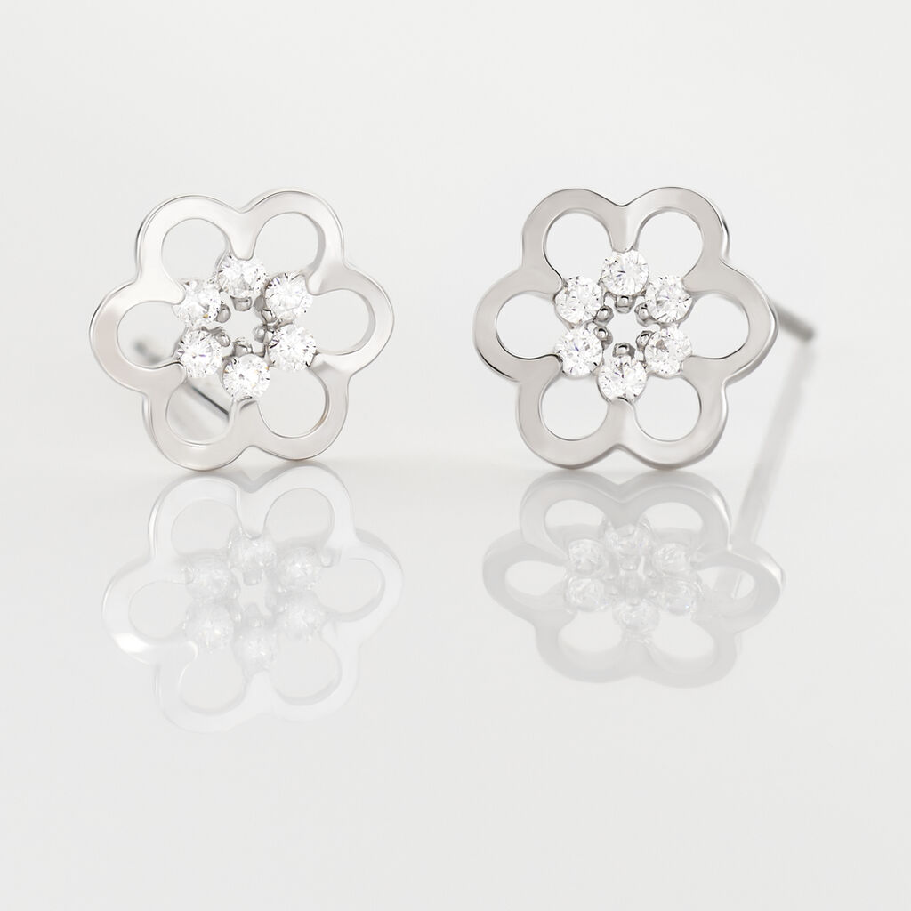 Boucles D'oreilles Puces Philine Fleur Or Blanc Oxyde De Zirconium - Clous d'oreilles Femme | Histoire d’Or